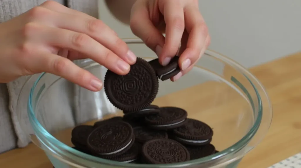 hands crushing Oreo cookies in a glass bowl