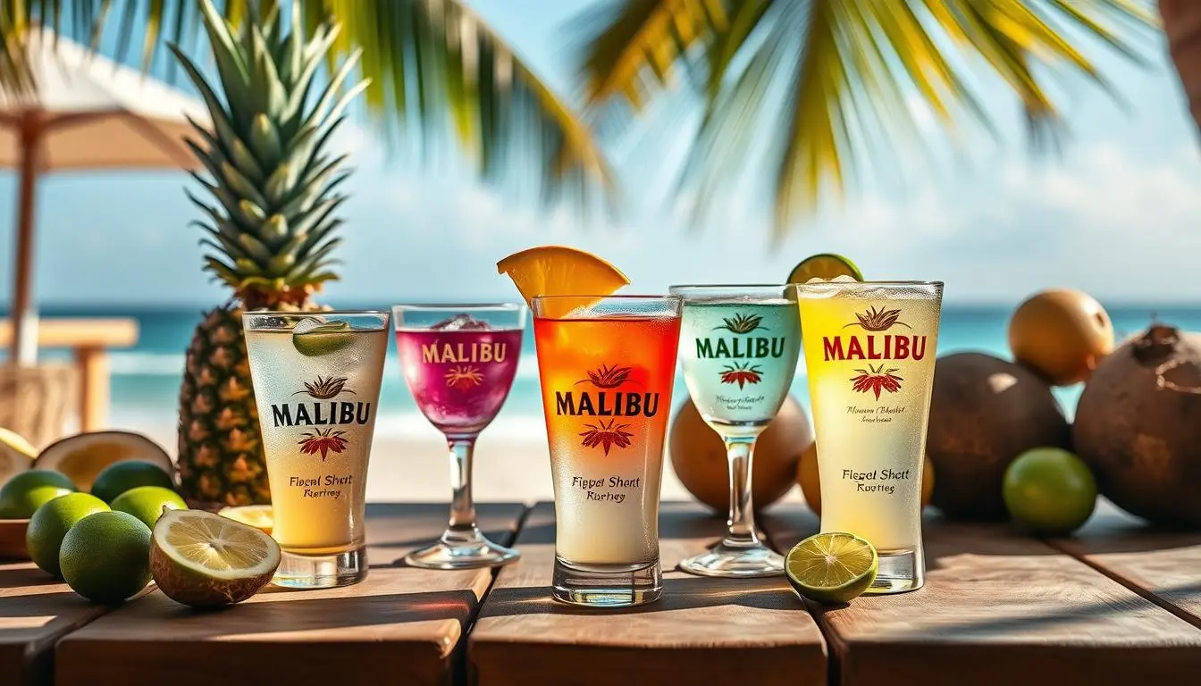 A vibrant tropical scene featuring colorful Malibu shots in various glasses on a wooden table