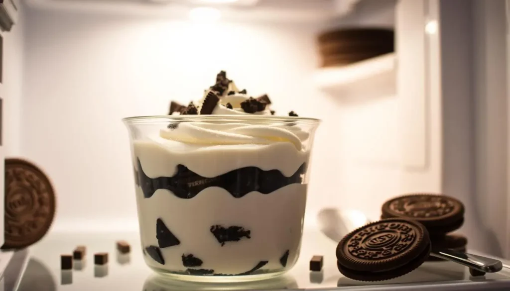 Oreo Cool Whip dessert stored in a clear glass container, layered with crushed Oreos and whipped cream