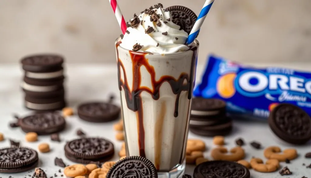 A decadent Oreo milkshake topped with whipped cream, crushed Oreo cookies, and a drizzle of chocolate syrup