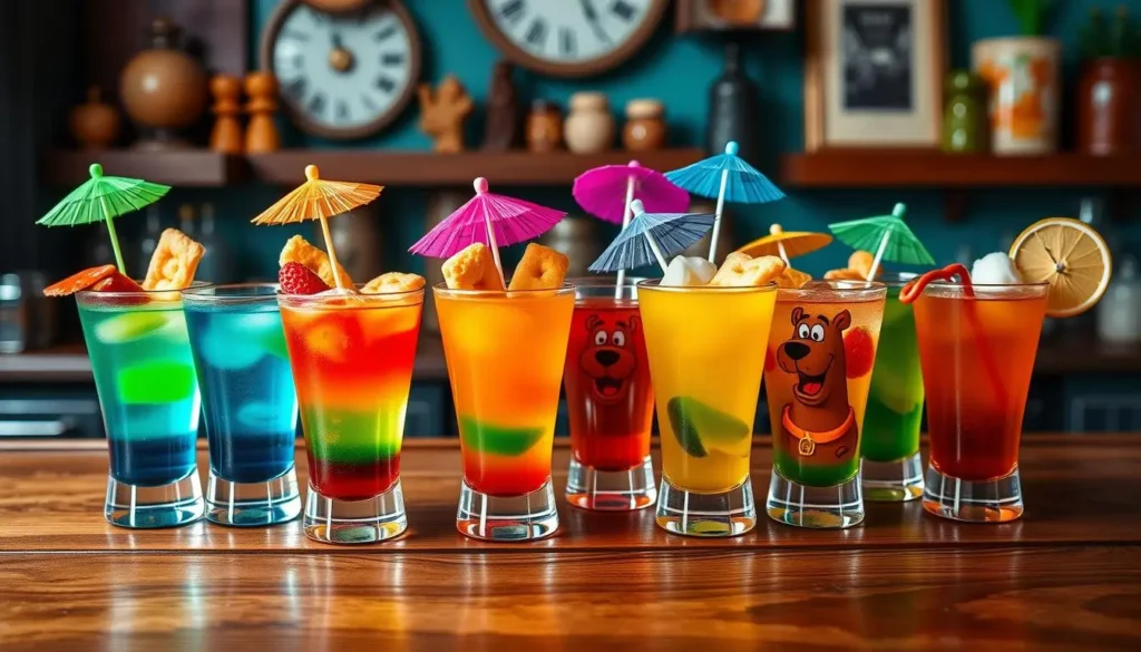 A vibrant cocktail shot resembling the Scooby Doo theme