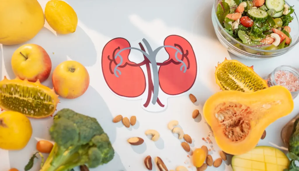 Human Kidneys Drawing and Healthy Fresh Food on the Table