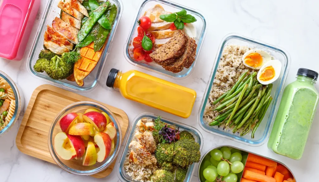 meal prep containers, each displaying healthy, portioned meals; fresh vegetables, lean proteins