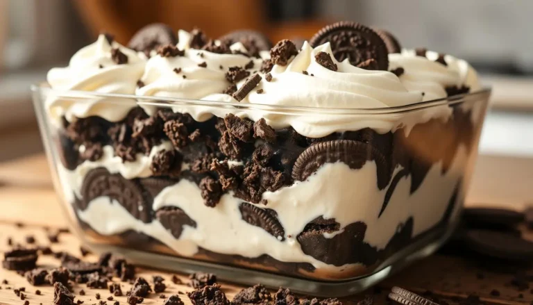 An enticing Oreo dessert featuring layers of crushed Oreo cookies and fluffy Cool Whip