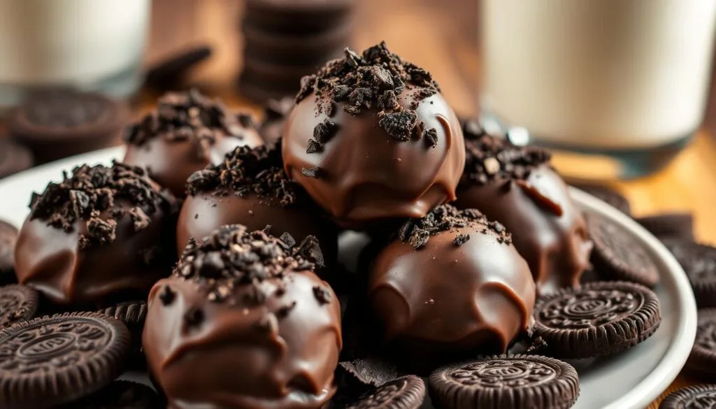 A close-up of a plate filled with rich chocolate Oreo truffles, sprinkled with crushed Oreo cookies on top