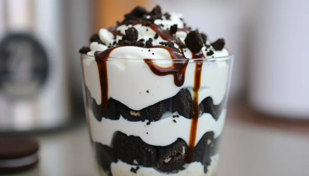 A tempting layered dessert featuring crushed Oreo cookies, a fluffy whipped cream layer, and a rich chocolate drizzle on top