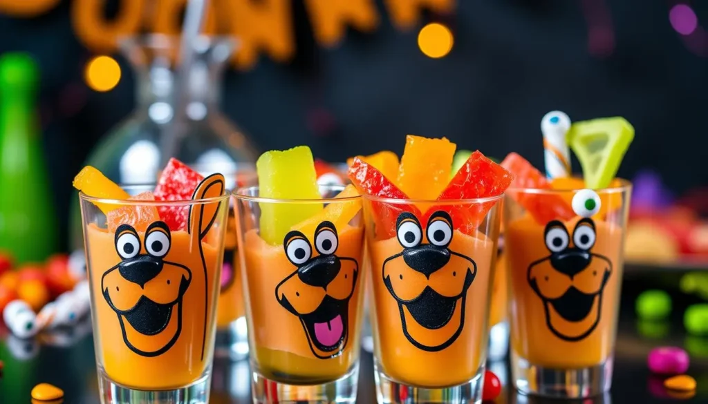 A vibrant and colorful Scooby Doo themed shot glass filled with a layered cocktail