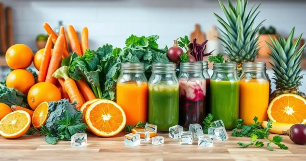 Fresh ingredients for 3 day juice cleanse recipes, including oranges, carrots, kale, beets, and pineapples, beautifully arranged on a wooden table with glass jars of colorful juices.