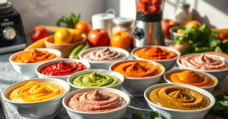 Colorful pureed foods for pureed diet recipes in elegant bowls, surrounded by fresh fruits and vegetables in a vibrant kitchen.