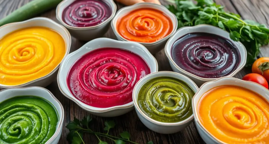 Colorful vegetable purees for pureed diet recipes in elegant bowls, surrounded by fresh herbs and whole vegetables on a rustic wooden table.