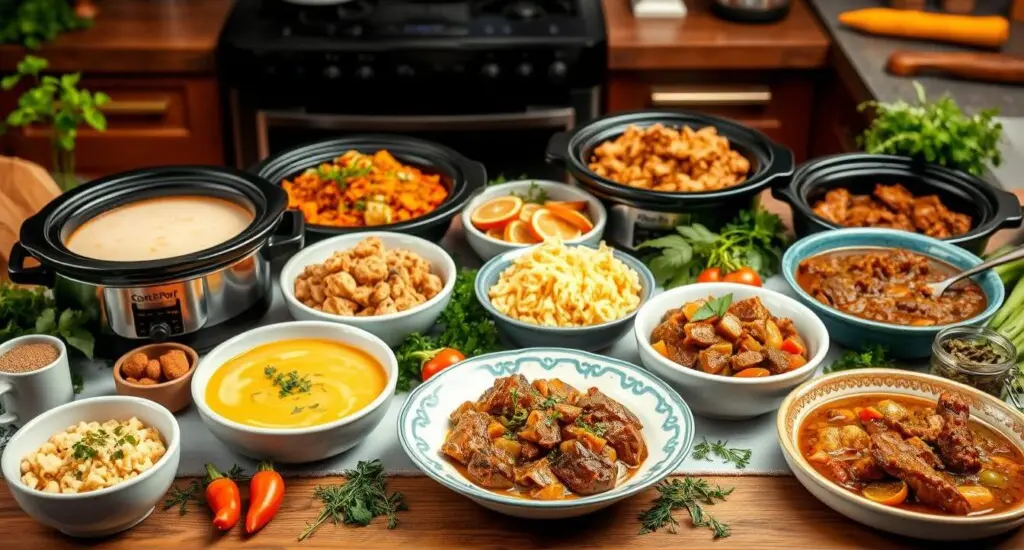 Keto crockpot meals with cauliflower soup, lemon garlic chicken, and beef stew on a rustic table.