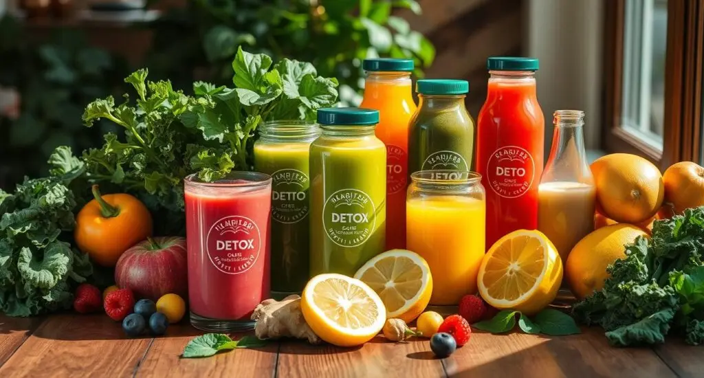 Colorful detox juices for 3 day juice cleanse recipes, featuring fresh ingredients like kale, cucumber, green apple, ginger, and lemon, in elegant glass bottles.