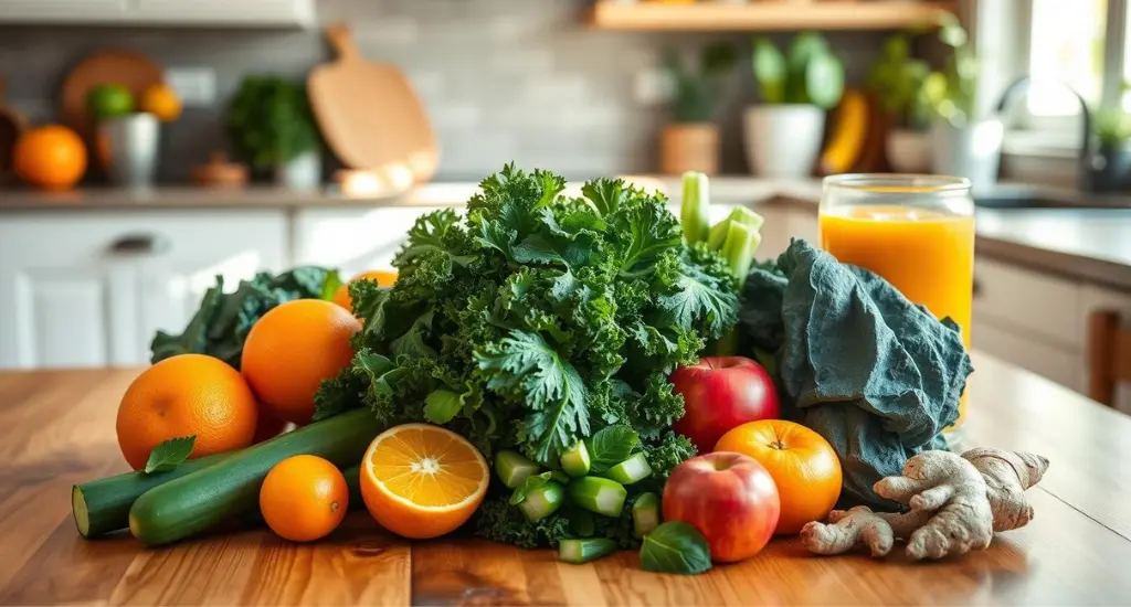 Fresh fruits and vegetables for 3 day juice cleanse recipes, including green kale, cucumbers, oranges, apples, and ginger, arranged on a wooden table.