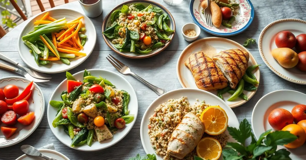 A table filled with gallbladder diet recipes, featuring grilled chicken, fresh salads, quinoa, and colorful vegetables.