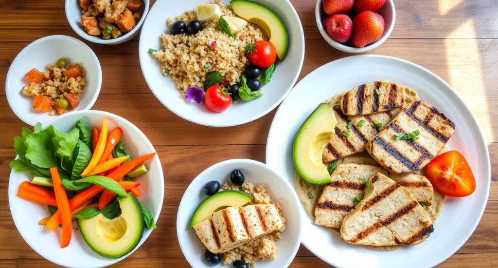 A variety of gallbladder-friendly dishes featuring grilled chicken, quinoa, fresh vegetables, and avocado slices.