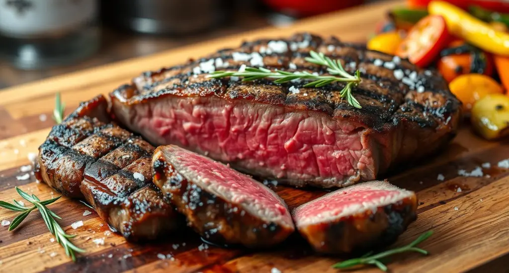 Perfectly cooked picanha steak with golden-brown crust, juicy pink meat, herbs, sea salt, and grilled veggies on a wooden board. What is picanha steak ?