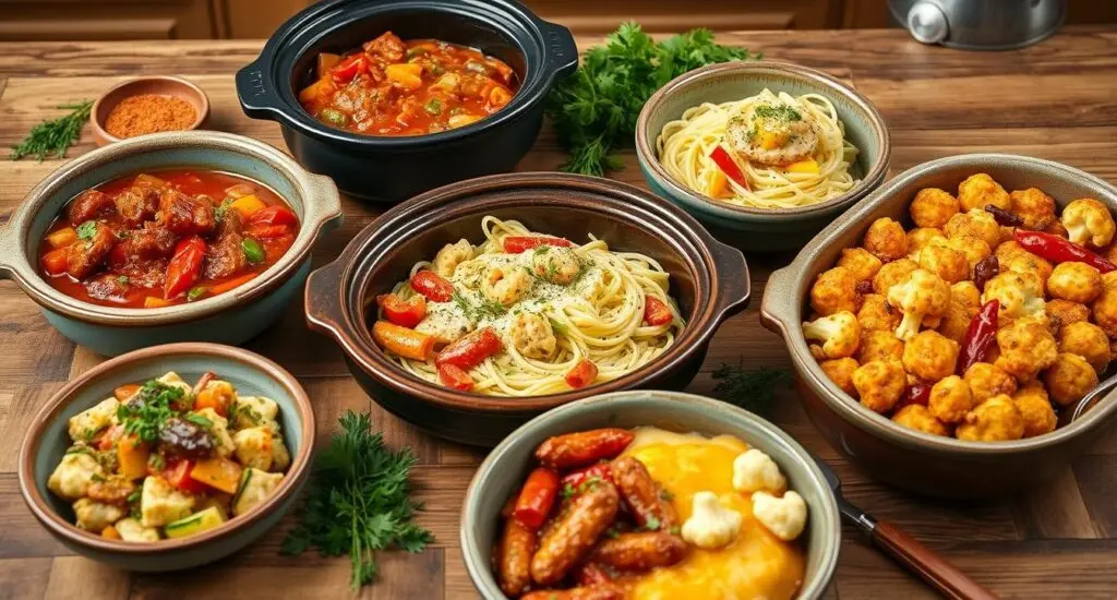 Keto crockpot meals like beef stew, chicken alfredo, sausage and peppers, and cauliflower casserole in rustic bowls.