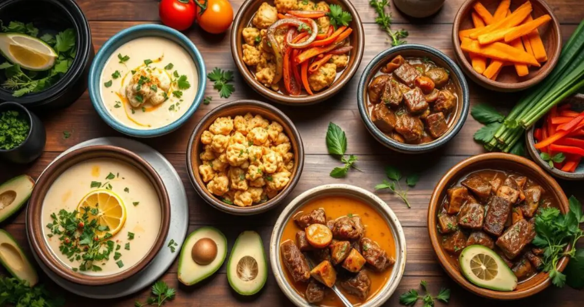 Table with keto crockpot recipes like cauliflower soup, lemon garlic chicken, and beef stew in rustic bowls.