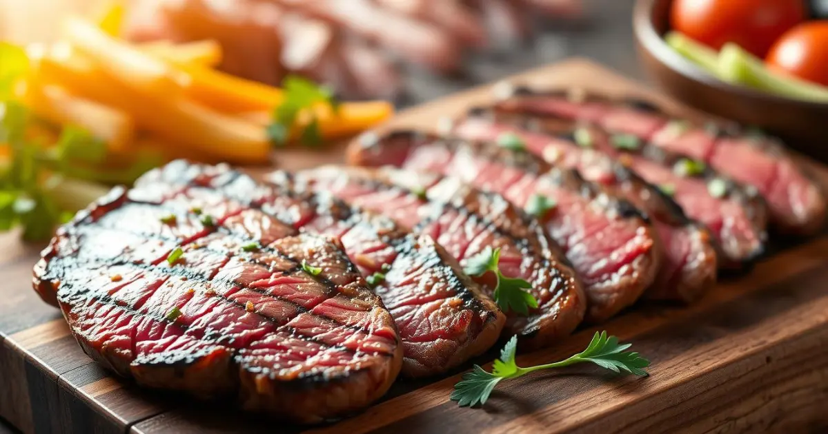 Juicy Costco picanha steaks on a wooden board with grilled veggies, herbs, and smoky ambiance in warm light.