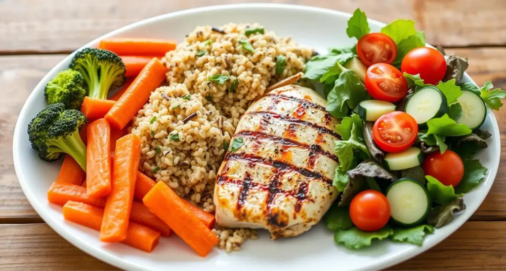 A gallbladder-friendly meal with grilled chicken, quinoa, steamed vegetables, and a fresh salad.