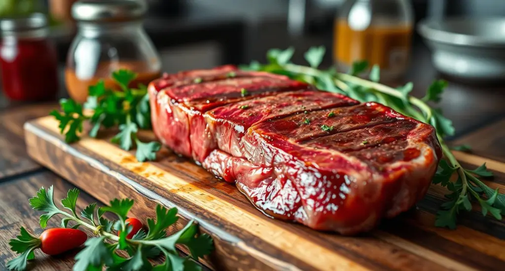 Marbled picanha steak on a rustic board, glistening with juices, surrounded by herbs and spices in a cozy kitchen