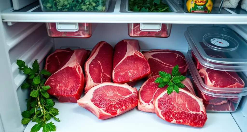 Picanha cuts stored in a tidy fridge with sealed containers, temperature gauges, and fresh herbs for flavor.