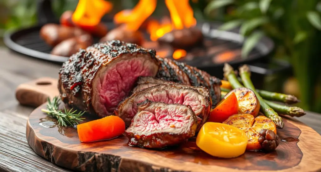 Grilled picanha steak glistening with juices, sliced to show tender pink interior, surrounded by roasted veggies on a wooden board. What is picanha steak ?