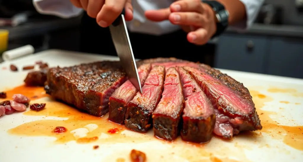 Close-up of picanha steak cut incorrectly, uneven slices, awkward knife position, and cluttered cutting board