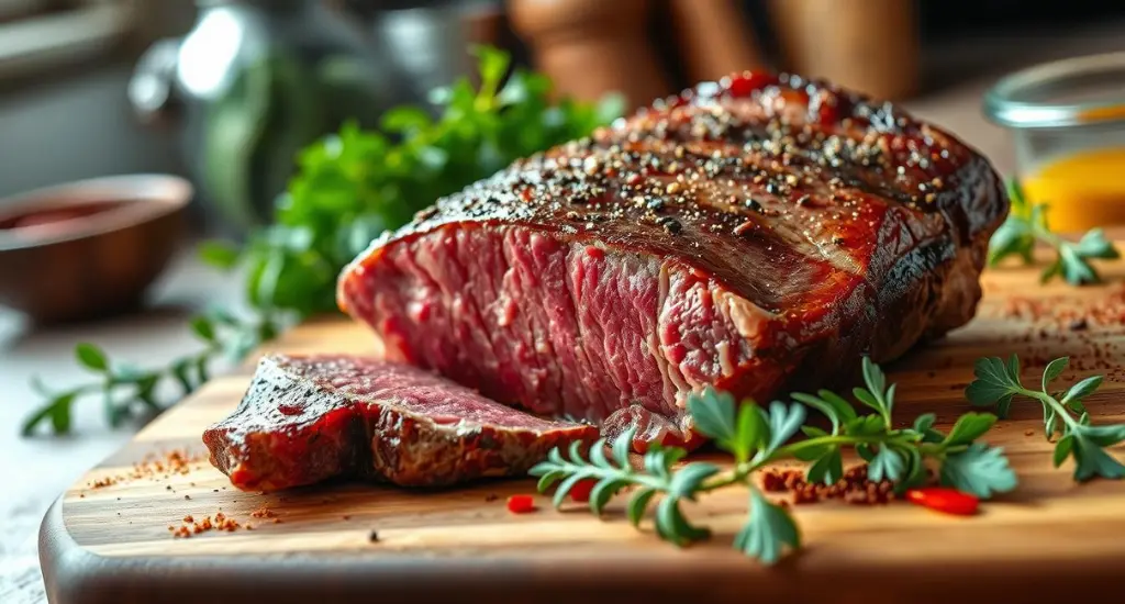 Marbled picanha steak on a wooden board with herbs, spices, and rustic kitchen background, highlighting how to cut picanha