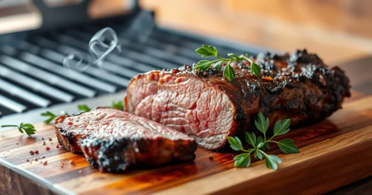 Smoked picanha with crispy charred exterior on a wooden board, surrounded by herbs and smoke, BBQ grill in background