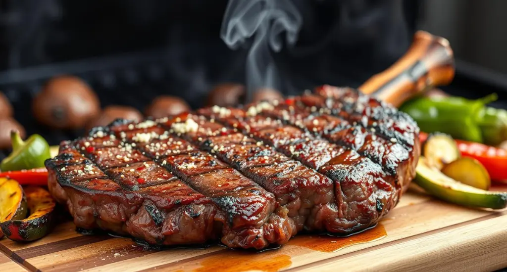 Smoked picanha steak on a wooden board with grilled veggies, spices, and smoky BBQ grill in natural light