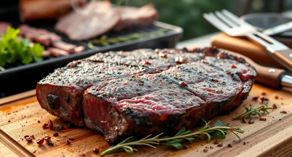 Smoked picanha steak on a wooden board with herbs, spices, smoke, and grilling tools in natural outdoor light