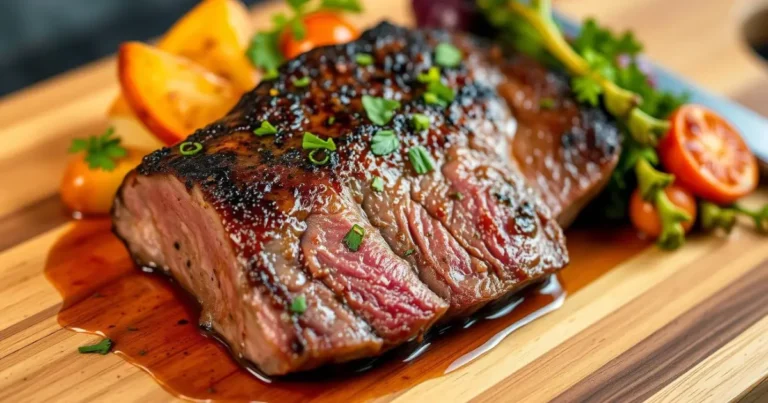 Sous vide picanha with crusty sear on a wooden board, garnished with herbs, veggies, and rich sauce.