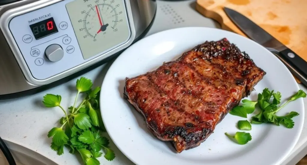 Kitchen scene with overcooked sous vide picanha, incorrect thermometer and wilting herbs