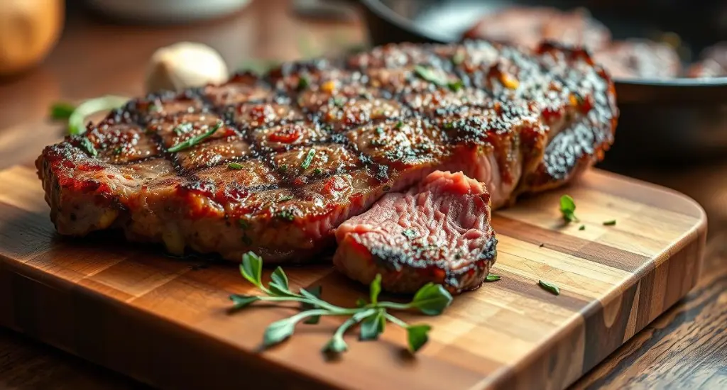 Sous vide picanha steak with crispy crust on a wooden board, surrounded by herbs and garlic