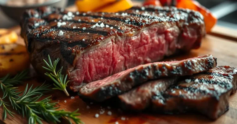 Perfectly cooked picanha steak with golden-brown crust, juicy pink meat, herbs, sea salt, and grilled veggies on a wooden board. What is picanha steak ?