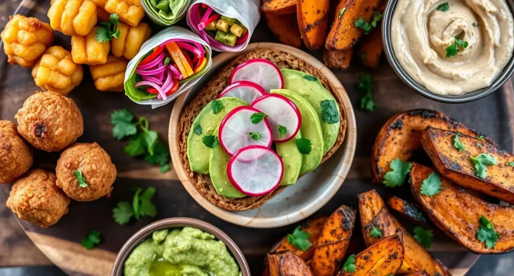 Colorful vegan snack ideas: chickpea bites, spring rolls, avocado toast, sweet potato wedges, dips on rustic platter.